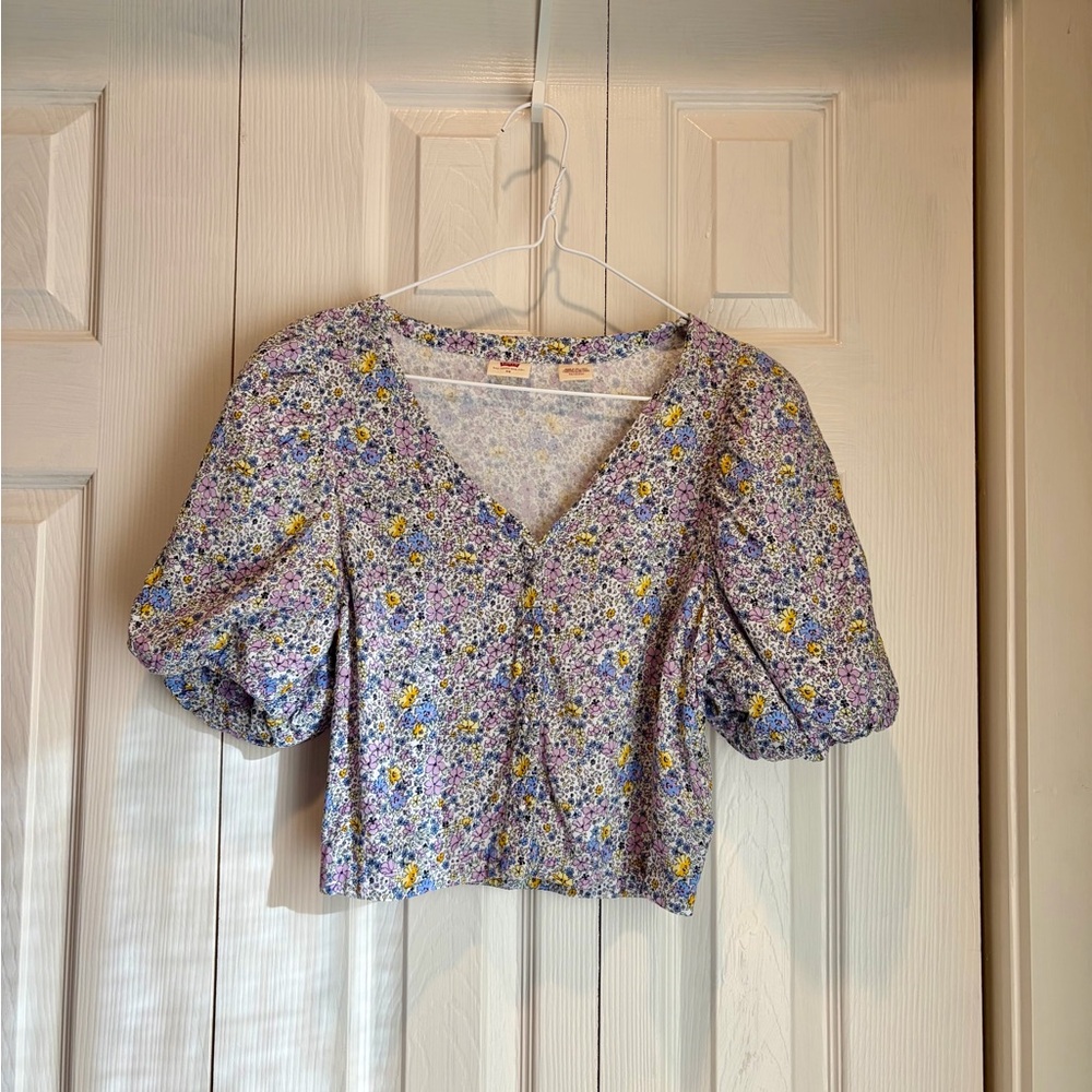 Levi's Floral V-Neck Puff Sleeve Blouse XS